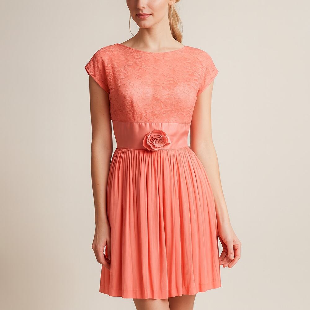 Vintage Coral Lace Accordion Pleat Dress Rose Detail Party Cocktail Wedding 6 8